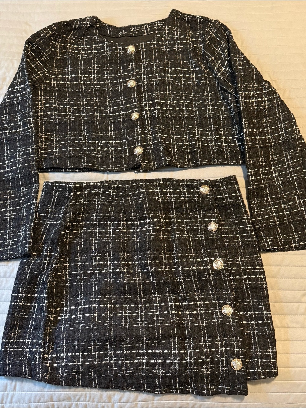 Black Tweed Cropped Jacket & Skirt Set